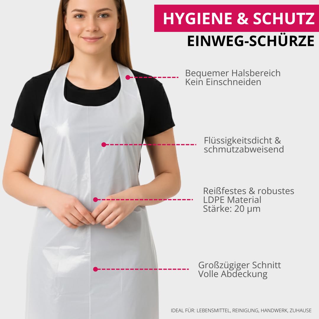 Suleno Einwegschürzen LDPE (100-300 Stück) weiß 20 µm Reißfeste | Plastikschürzen Einweg 75x130cm, Wasserdichte Einmalschürzen für Gastronomie, Küche, Catering, Hygieneschürzen Großpackung
