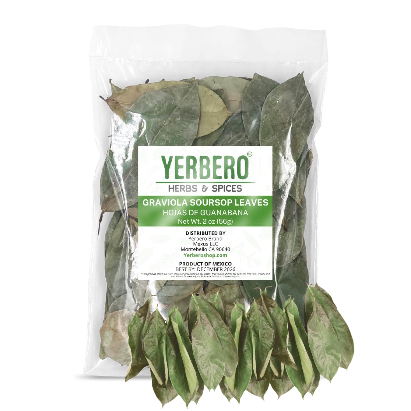 Yerbero - Whole Sundried Premium Graviola Soursop Leaves 2oz (56g - 240+ Leaves Per Bag) Hoja De Guanabana | Wildcrafted | Graviola Loose Leaf Herbal Tea | From Mexico | Premium Quality.
