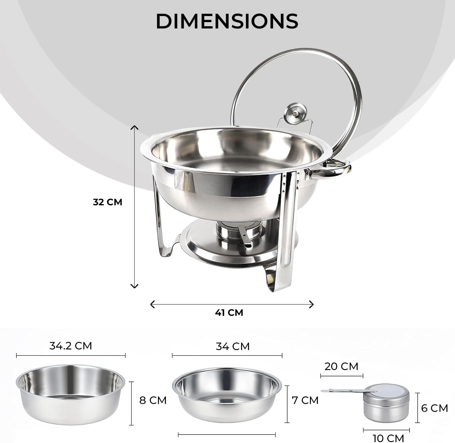 Lid 4.5 Litre Cibo Scaldabagno Catering, Acciaio Inossidabile Rotondo Buffet Chafing Piatto Vetro, Chafing Dish Catering Buffet Warmer Set, per feste, buffer e scaldavivande con coperchio set