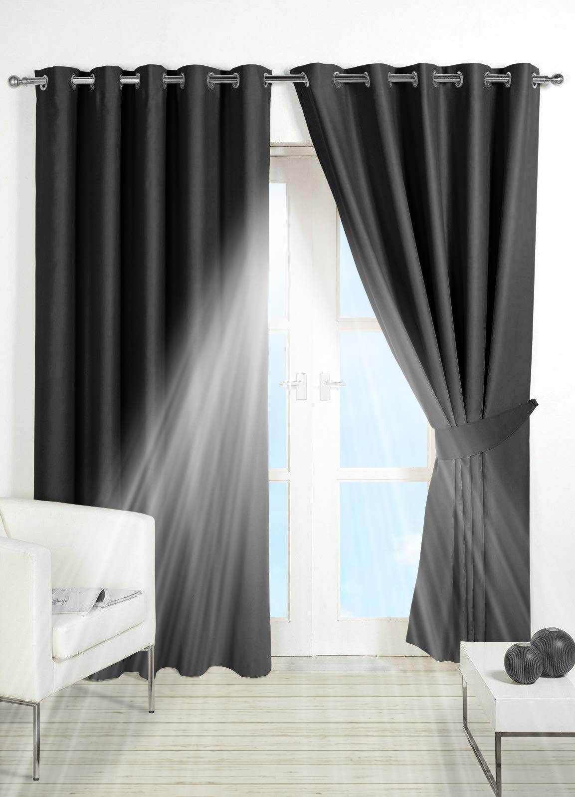 PAIR of BLACKOUT CURTAINS Super Soft Solid Thermal INSULATED EYELET Ring Top Curtains BLACKOUT Window CURTAINS for Living Room Bedroom Including Two Matching Tie Backs (Black, 66" x 54")