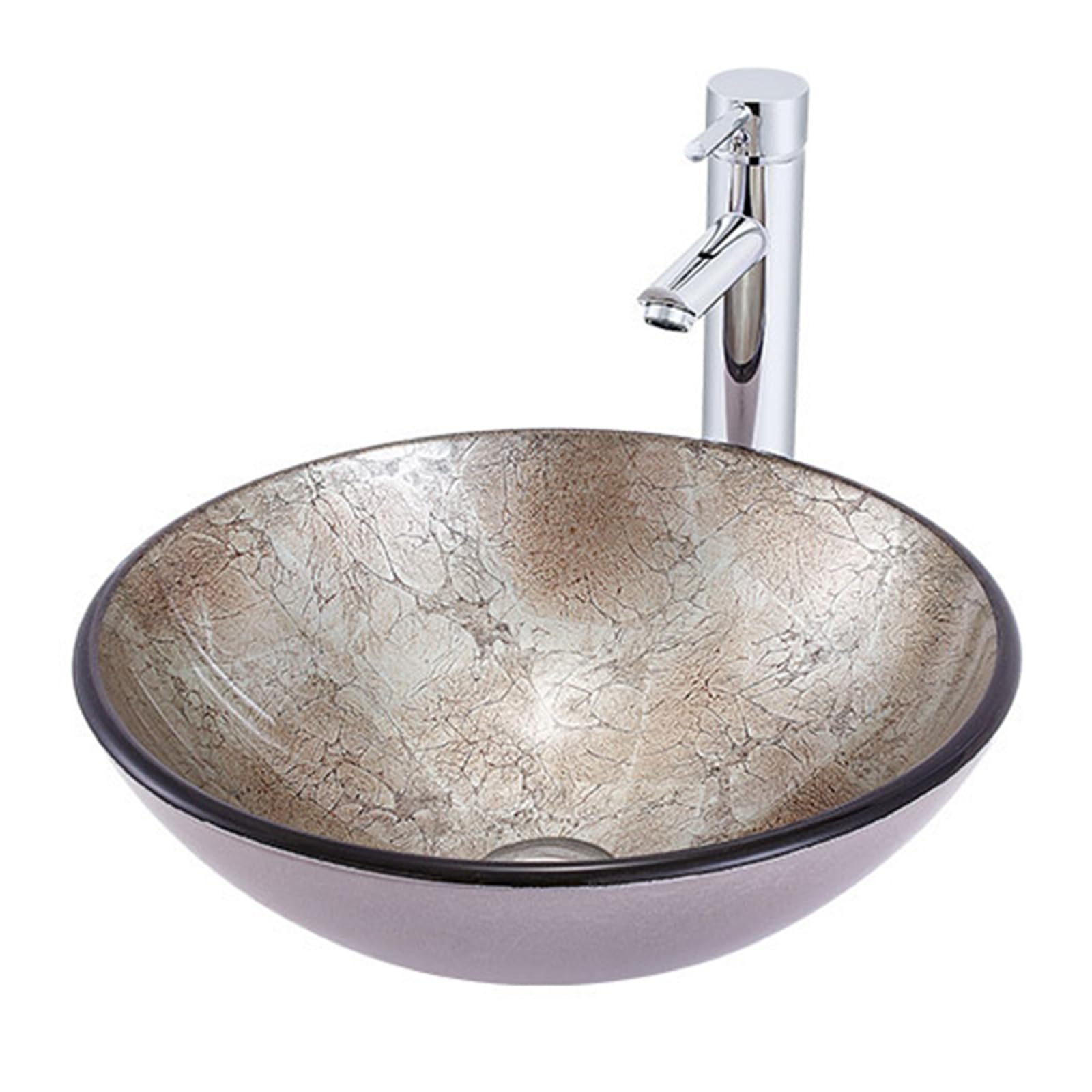 ASerZenith 16.5" Bathroom Vessel Sink,Tempered Glass Artistic Vanity Wash Sink, Brown Round Countertop Basin Bowl With Chrome Faucet And Pop-Up Drain