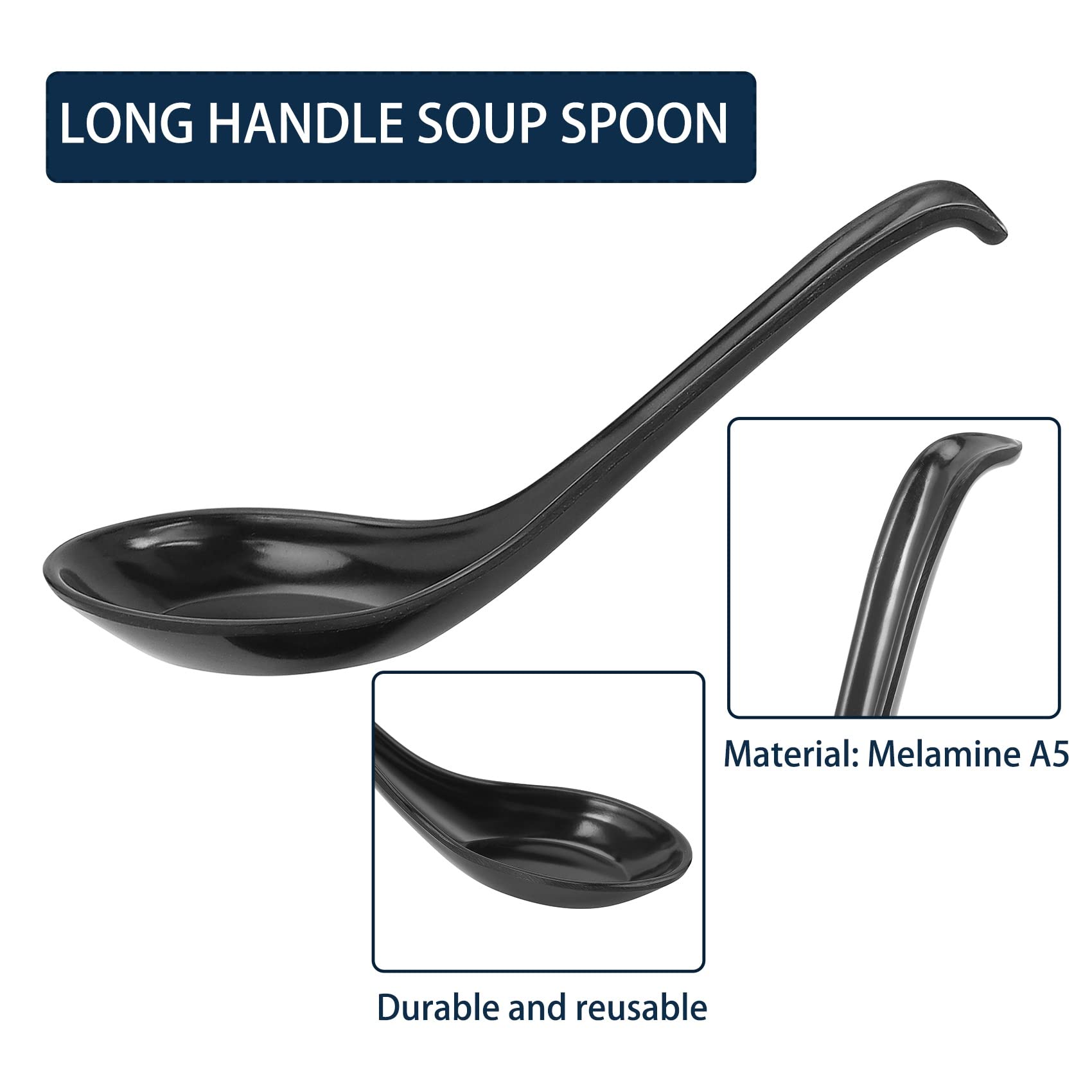6 Pièces Cuillères à Soupe Asiatiques Mélamine Noir - Cuillères à Riz Long Manche