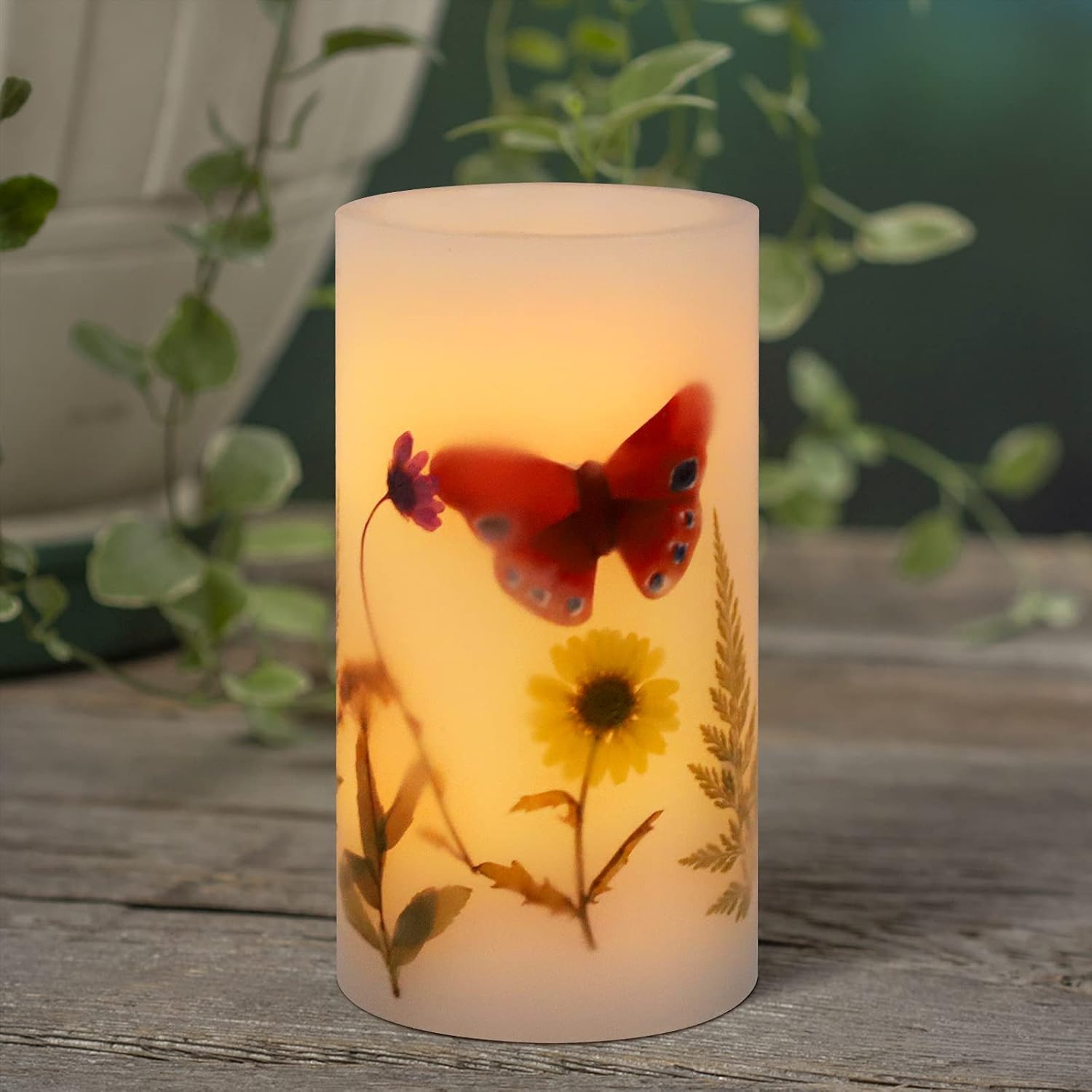 Flameless LED Candle D3.25 x H6, Butterfly Flickering Pillar Candle Real Wax Battery Operated with Timer Fuction for Kitchen Home Party, 1 Pack