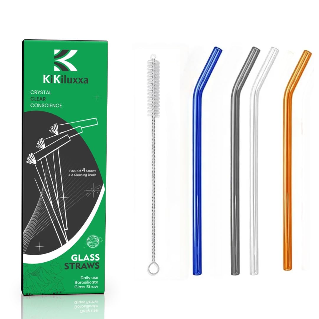 KiKiluxxa Multi Clour Glass Straws with Cleaning Brush -4 Transparent Straws & 1 Cleaner - 5pcs Combo- Clear Reusable, Elegant Alternate to for Drinking Juice- Straw for Sipper Glass Can (6KZ4+1)