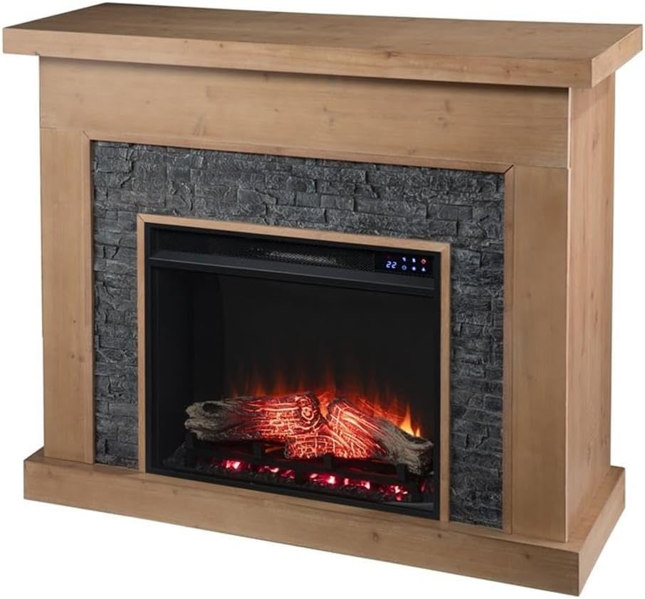 Pemberly Row Touch Screen Wood Electric Fireplace in Natural/Gray