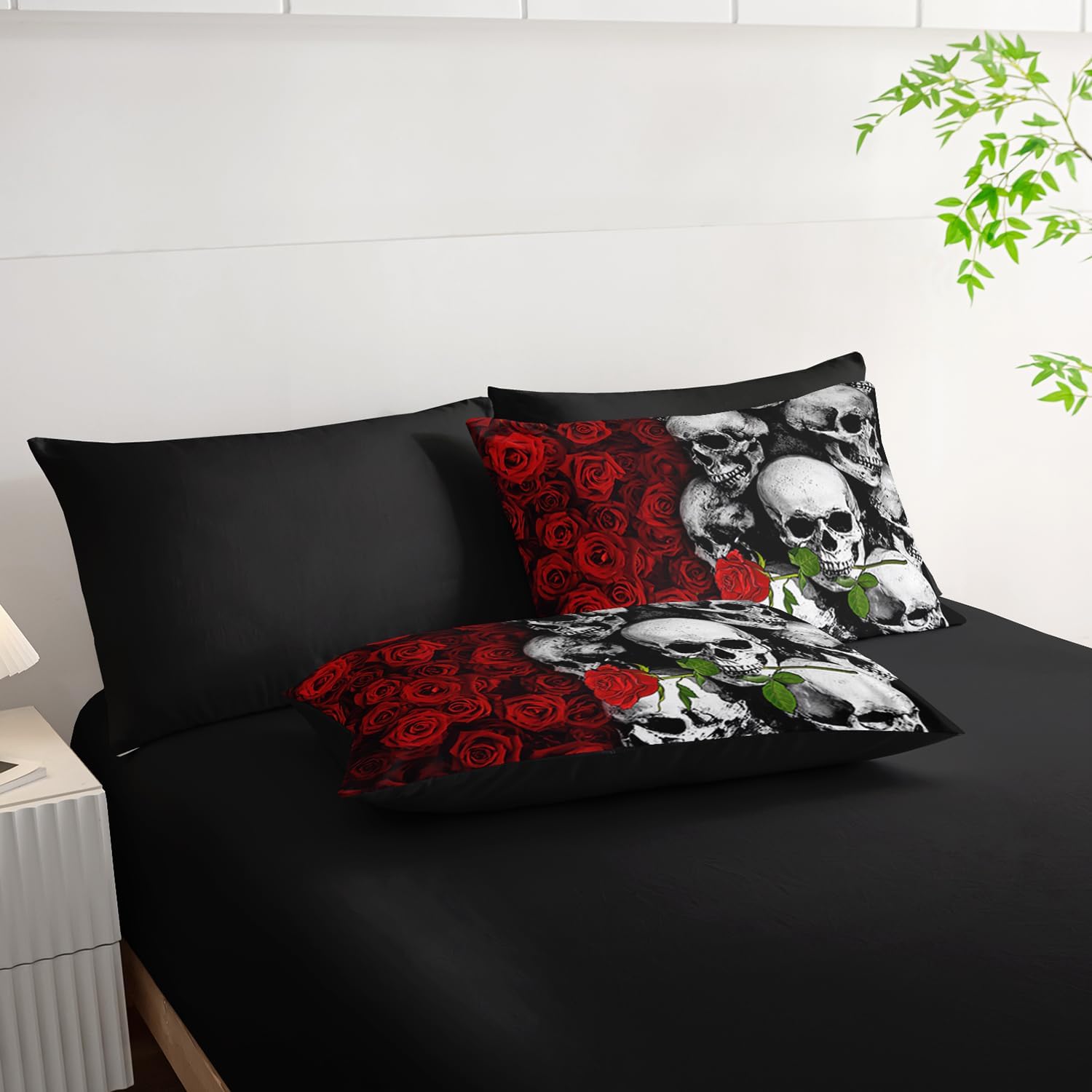 Black Skull Comforter Set 7 Piece Queen Size Bed in A Bag,Goth Bedding for Room Decor,Soft Western Comforter Boho Hippie Bedding with Fitted Sheet,Flat Sheet, Pillowcases & Shams