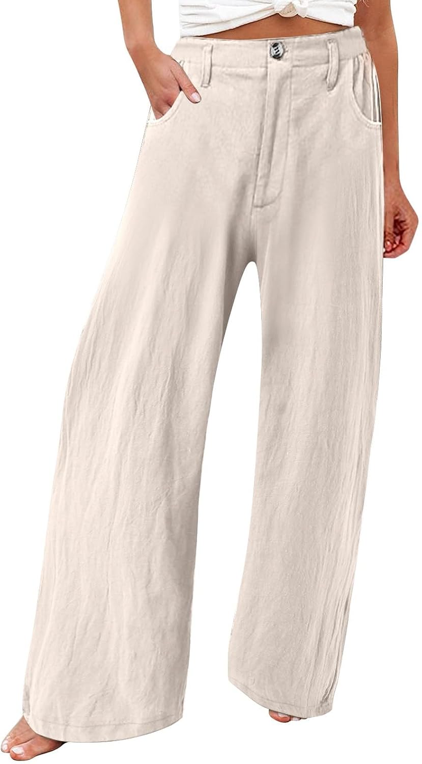 Cotton Linen Pants for Women Summer Flowy Palazzo Pants Dressy Business Casual Work Pants Boho Travel Pants w/Pockets