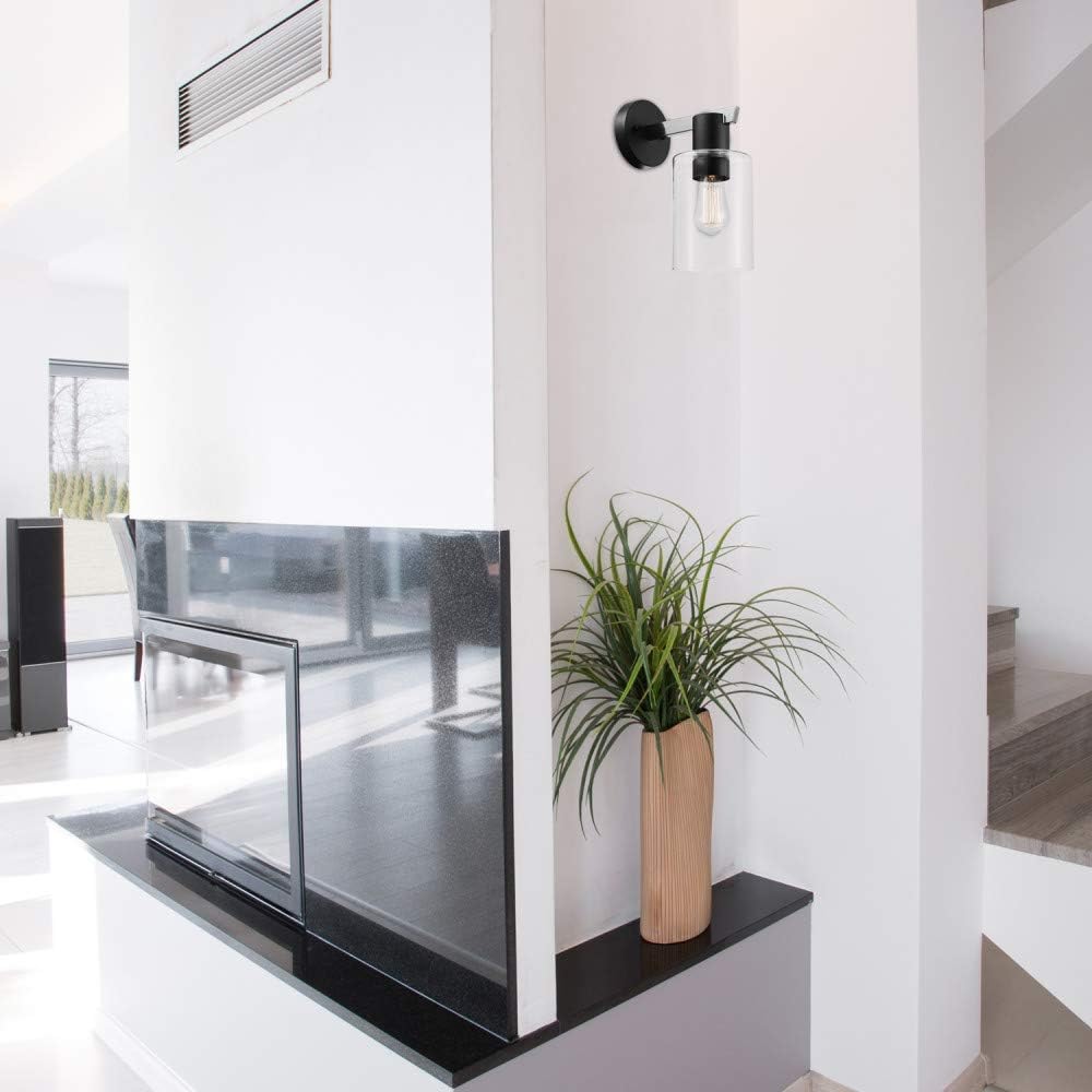 Globe Electric 51342 Crawford 1-Light Wall Sconce, Brushed Steel, Matte Black Accents, Clear Glass Shade