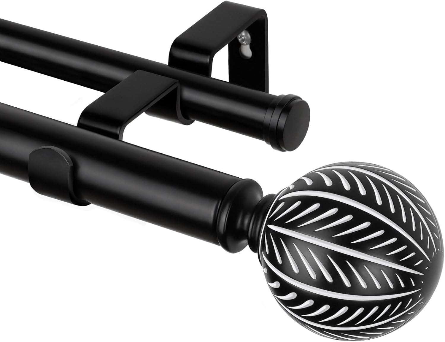 KAMANINA 1 Inch Wood Double Curtain Rods for Windows 36 to 72 Inches (3-6 Feet), Heavy Duty Decorative Curtain Rods, Wooden Drapery Rods with Leaf Pattern Finials, Black Black 36-72"