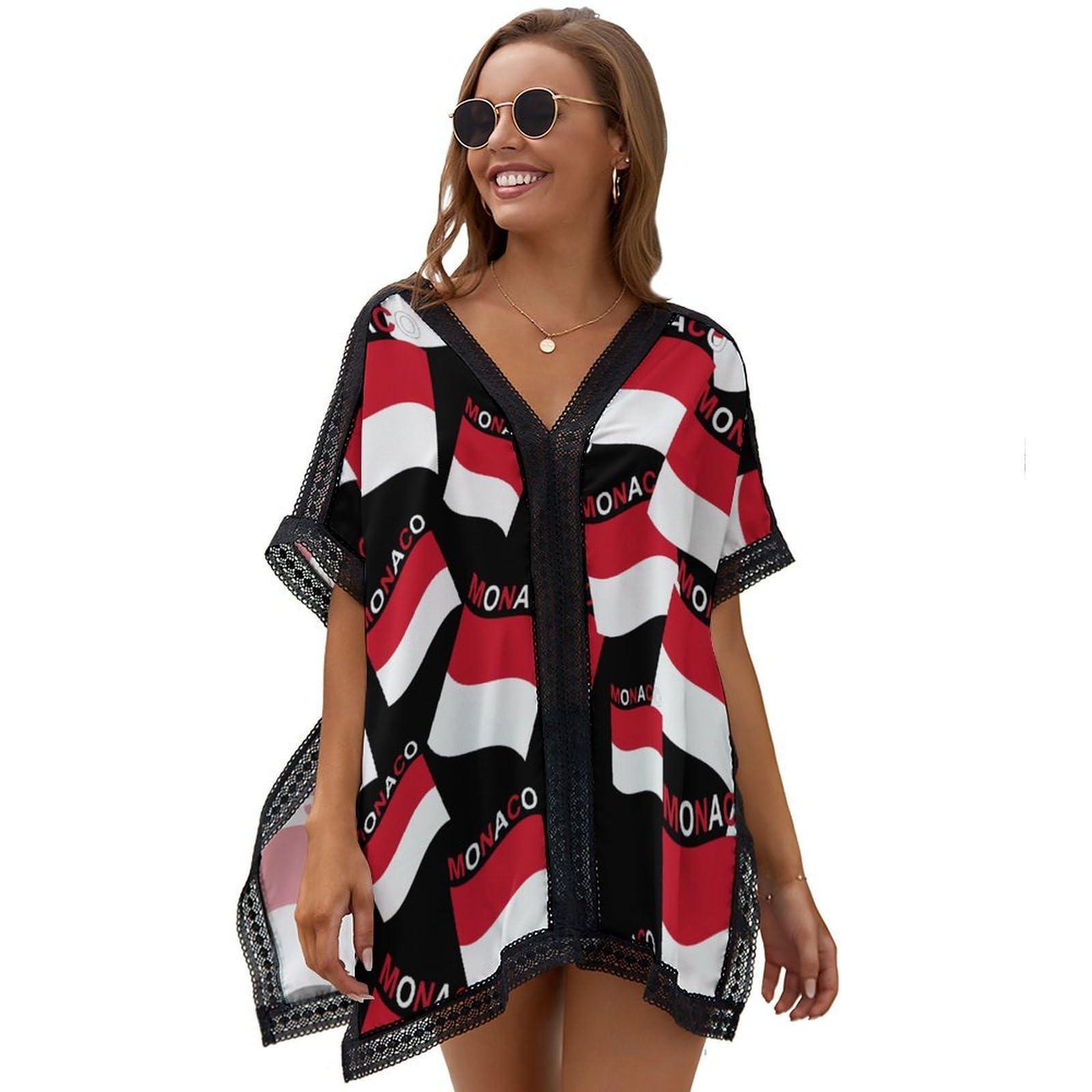 Flag of Monaco Beach Cover Ups for Women Swimsuit Coverup Bathing Suit Bikini Coverups with Lace Edge