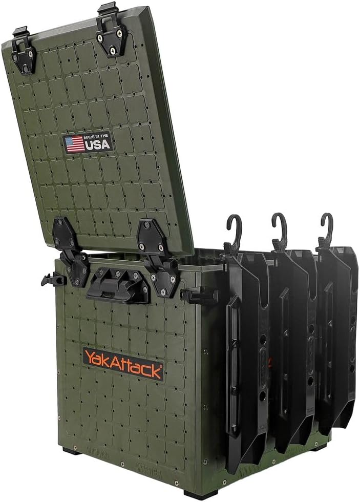 YakAttack BlackPak Pro Kayak Fishing Crate - Ranger Green | 13" x 13" Riggable Kayak Gear Storage System with Hinged Lid, GridLoc Mount Panels & 3 TetherTube Rod Holders | Lightweight Tankwell Crate