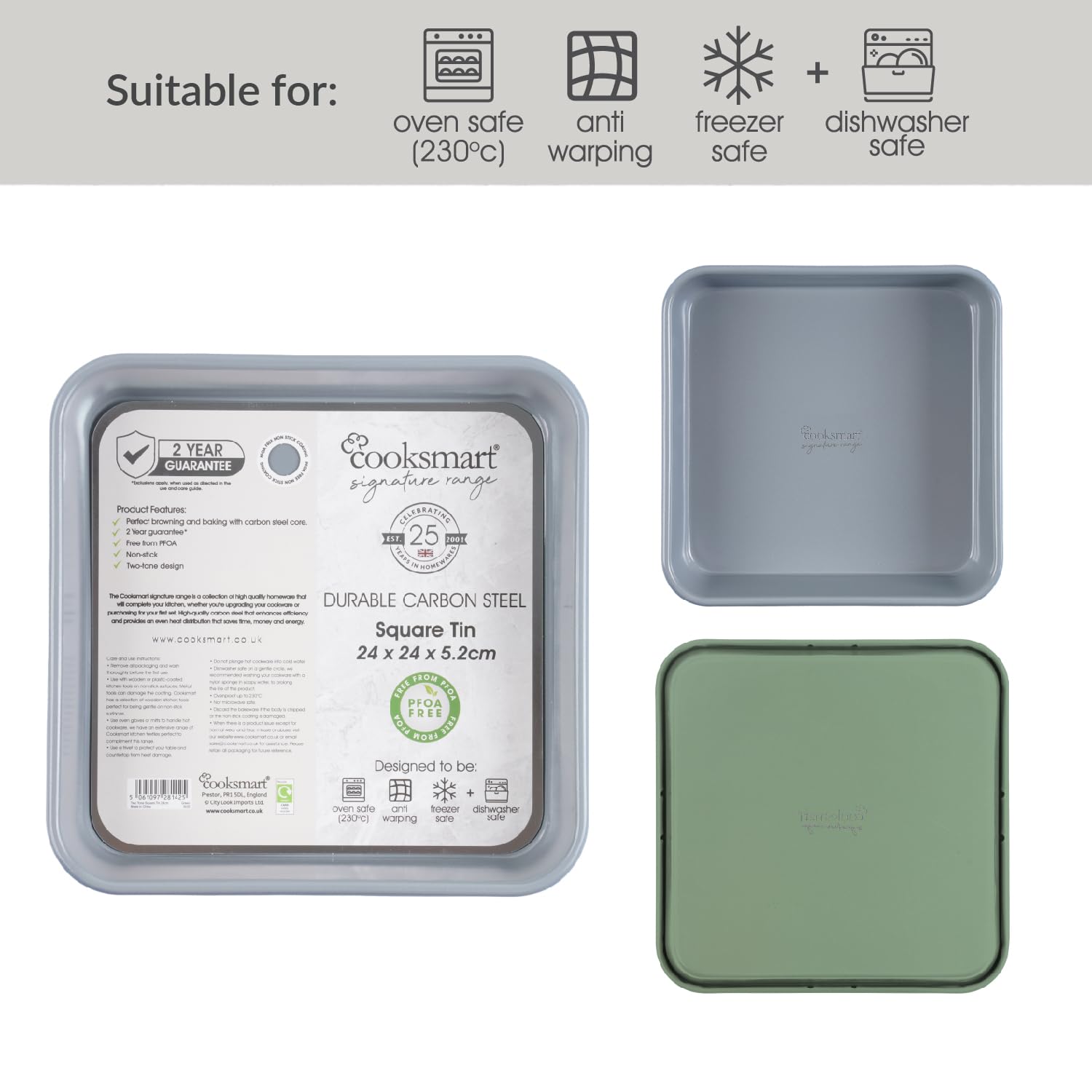 Cooksmart Signature zweifarbige quadratische Backform, 24 cm, grün, Premium-Karbonstahl, antihaftbeschichtet, gleichmäßige Wärmeverteilung, ofenfest, PFOA-frei, stilvolles zweifarbiges Design
