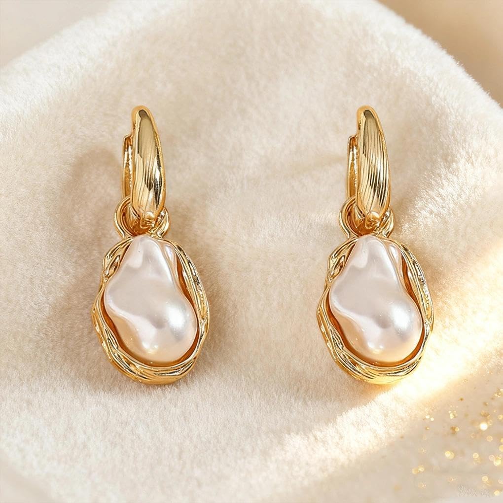 Chunky Pearl Dangle Earrings for Women,Large Gold Baroque Pearl Statement Earring Vintage Boho Drop Earrings,Formal Jewelry Accessory Festival Gift - Image 5