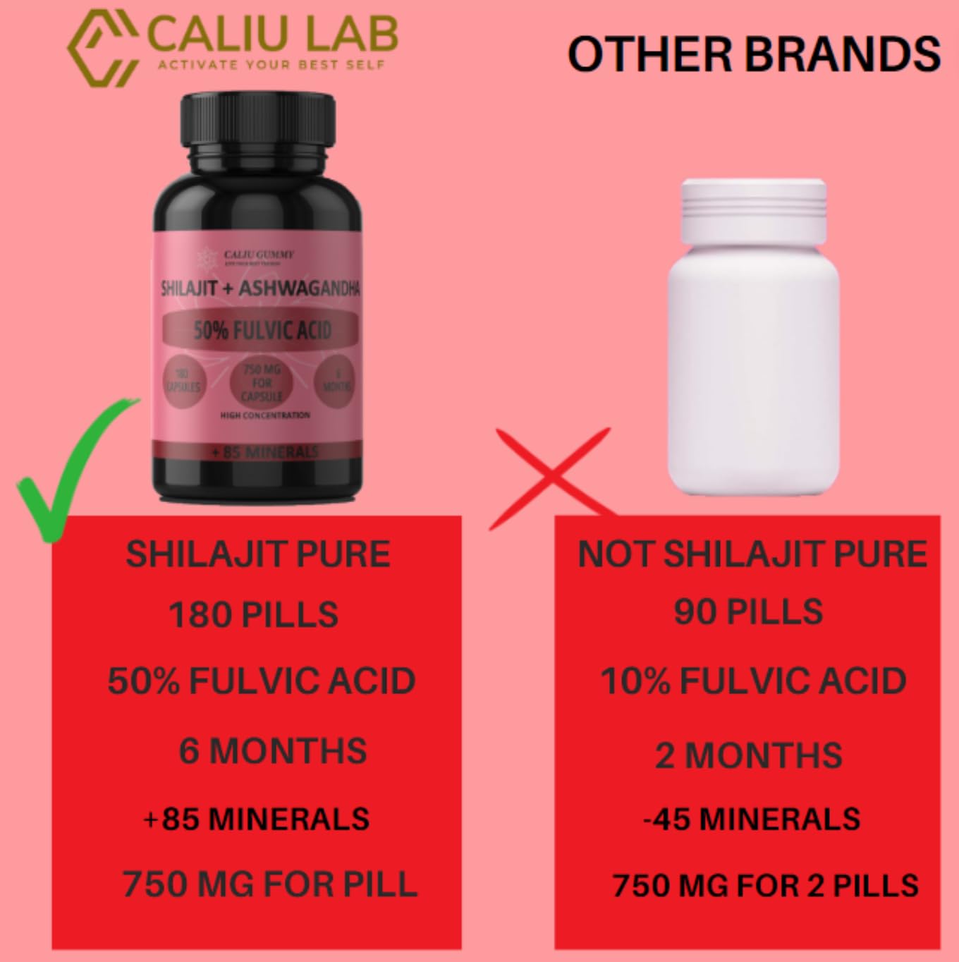 Shilajit Puro | 180 Capsule | 50% Acido Fulvico | 6 mesi | 144000mg | Con Polvere Naturale di Ashwagandha | +85 Minerali | Integratore in Compresse per Uomini con Resina Pura di Shilajit dell'Himalaya