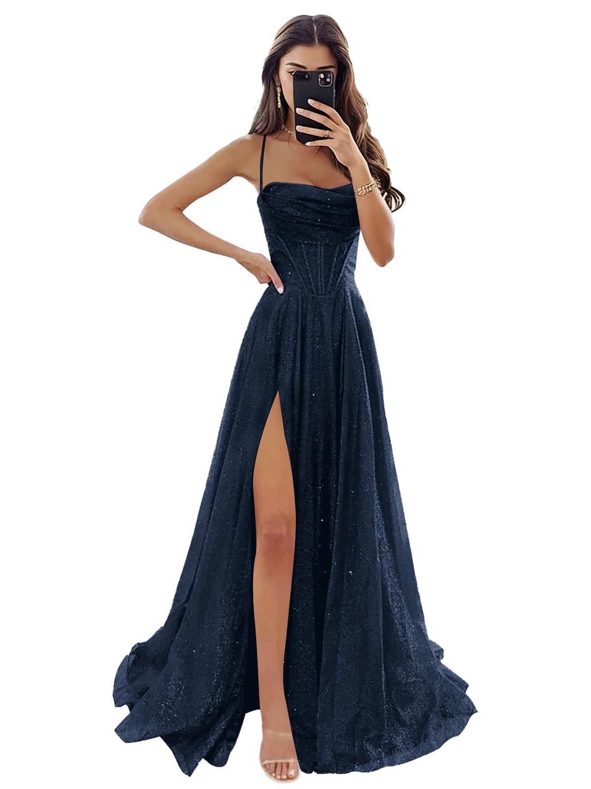 Women's Spaghetti Straps Glitter Tulle Prom Dress with Slit Cowl Neck Long Evening Formal Party Gown