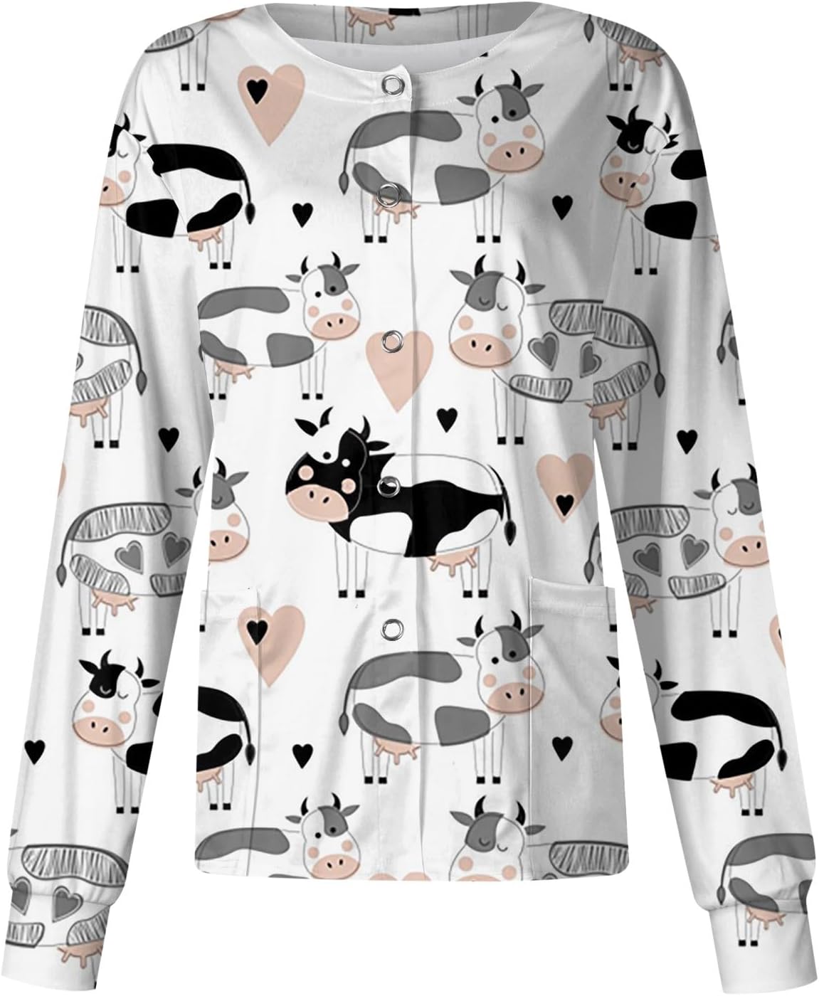 Women's Scrubs Jacket Plus Size Snap Front Warm Up Nurse Work Uniforms Funny Dinosaur Print Scrub Tops with Pockets