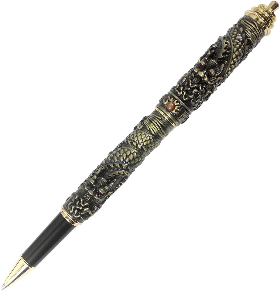 Gullor Double Dragon 3D Carved and a Temple of Heaven Pen Cap Rollerball Pen - Bronze