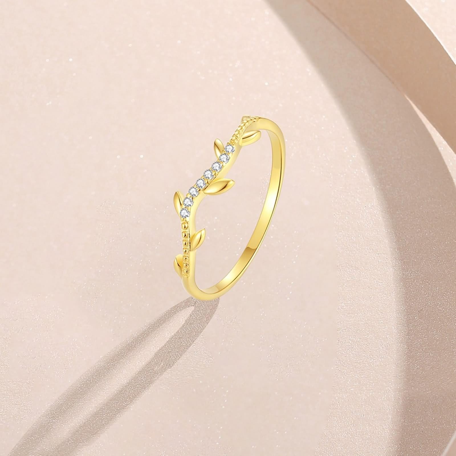 Anillo de amistad para mujer, diseño de hoja con diamante redondo, oro amarillo, regalo para mujer