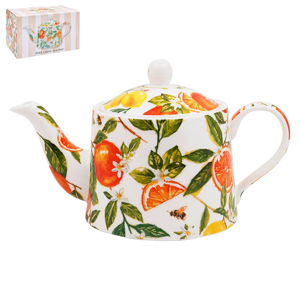 The Leonardo Collection Oranges & Lemons Jennifer Rose Fine China Oranges & Lemons Tea Pot 600ml for Home and Kitchen | Elegant Tea Pot Gift for Women and Men | Durable Teapot for Everyday Use