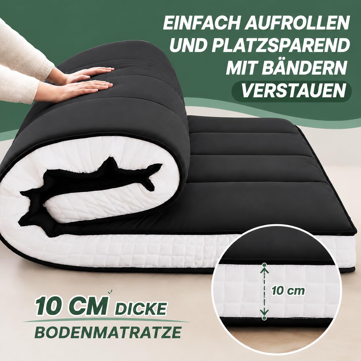 Futon Matratze 153x203cm Klappmatratze - 10cm dick Japanische Klappmatratze, Futon Gästebett, Bodenmatratze, Tragbar Matratze Faltbar für Tatami, Schlafsälebett, Camping, Wohnmobil - Schwarz