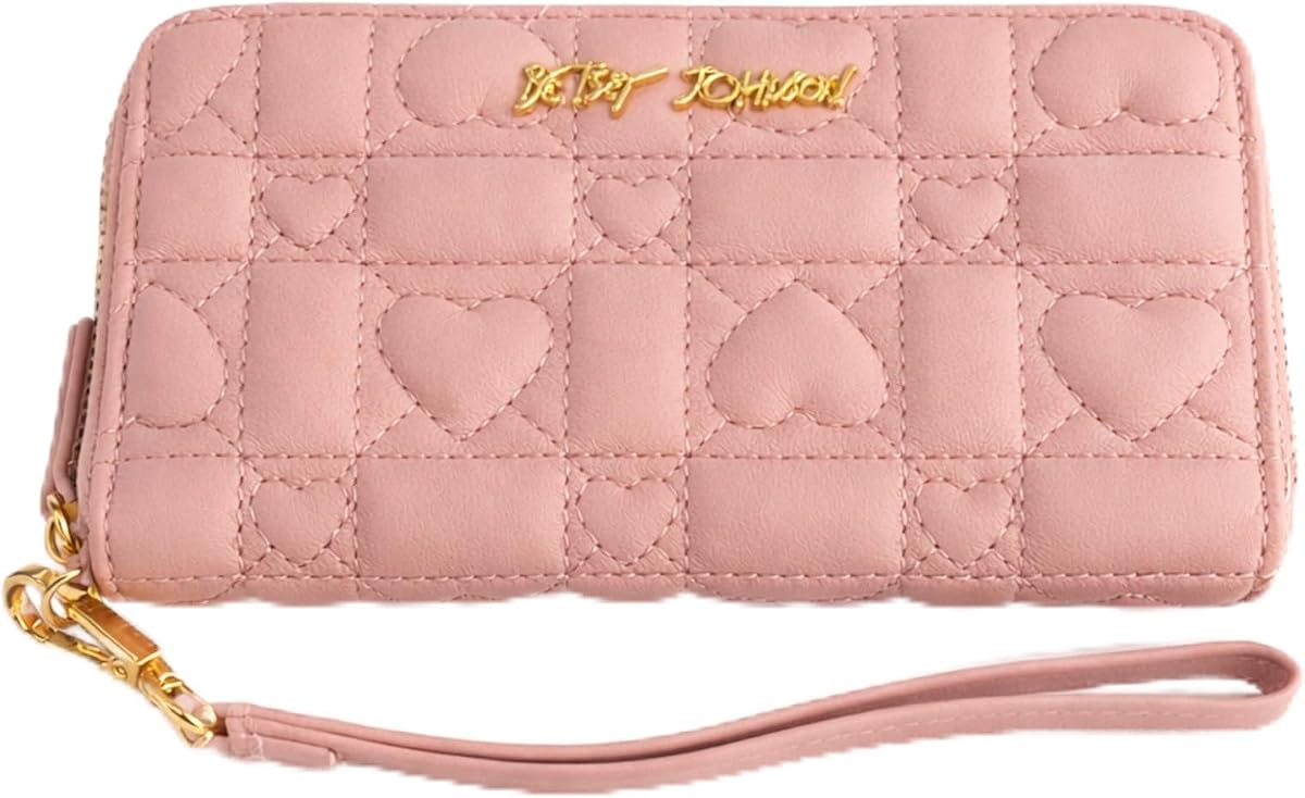 Betsey Johnson Women’s Zip Around Wallet with Quilted Heart Design & Wristlet Strap (Pink)