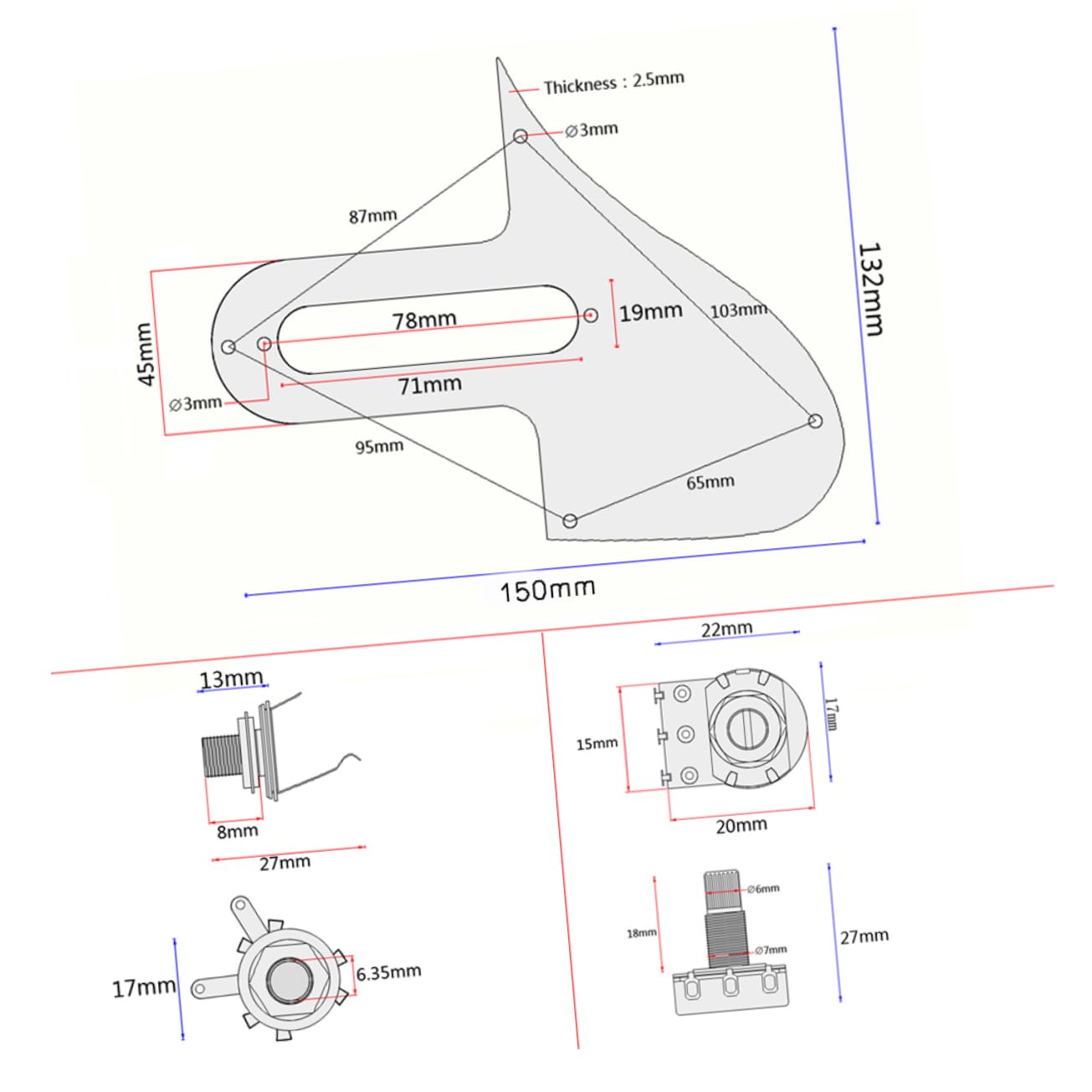 VICASKY Mandolin Guitar Pickguard Plate A500k B500k 6.3mm Jack High Output Pickup Volume Tone Knobs