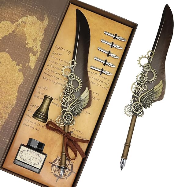 VPGS Quill Pen Antique Calligraphy Feather Handmade Quill And Ink Set, for English Writing, Vintage Executive Stationery Gift with bottle Nib Bases Harry Potter Quill and Ink Set