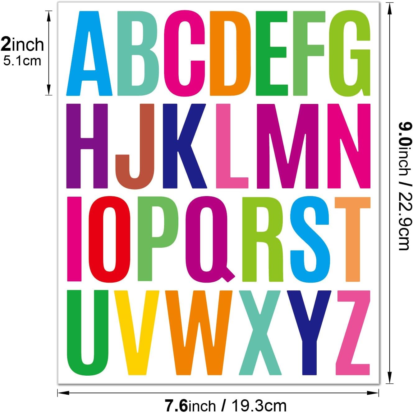 12 Sheets Letter Stickers – 2 Inch Vinyl Alphabet Stickers for Classroom Learning, School Projects, Storage Organization, DIY Crafts, Self Adhesive Waterproof Decals (Multicolored)