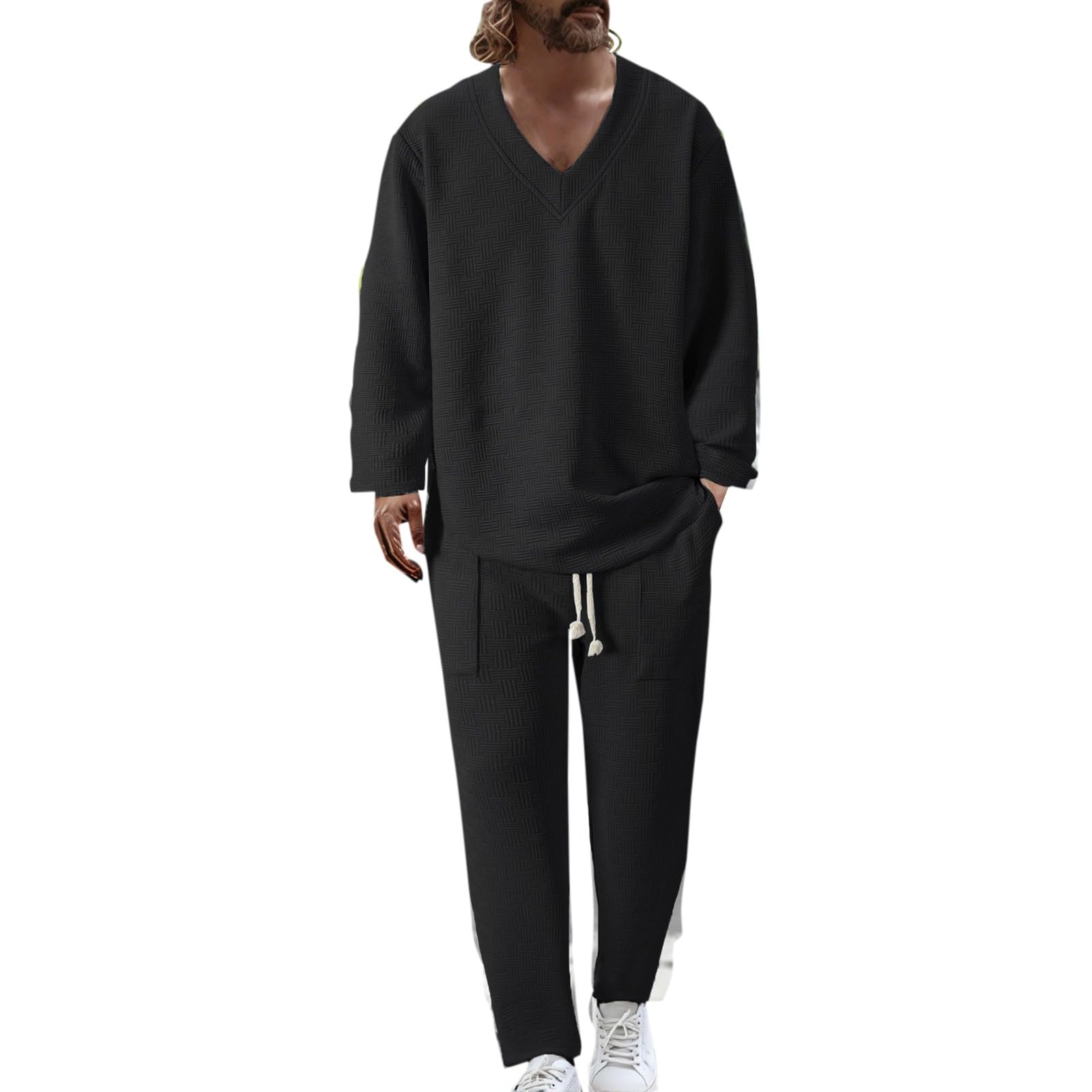 Conjunto de traje casual para hombre, monocolor, informal, con textura, traje de jogging de 2 piezas, estilo urbano, traje de casa, cuello en V, camiseta de manga larga y pantalones casuales para