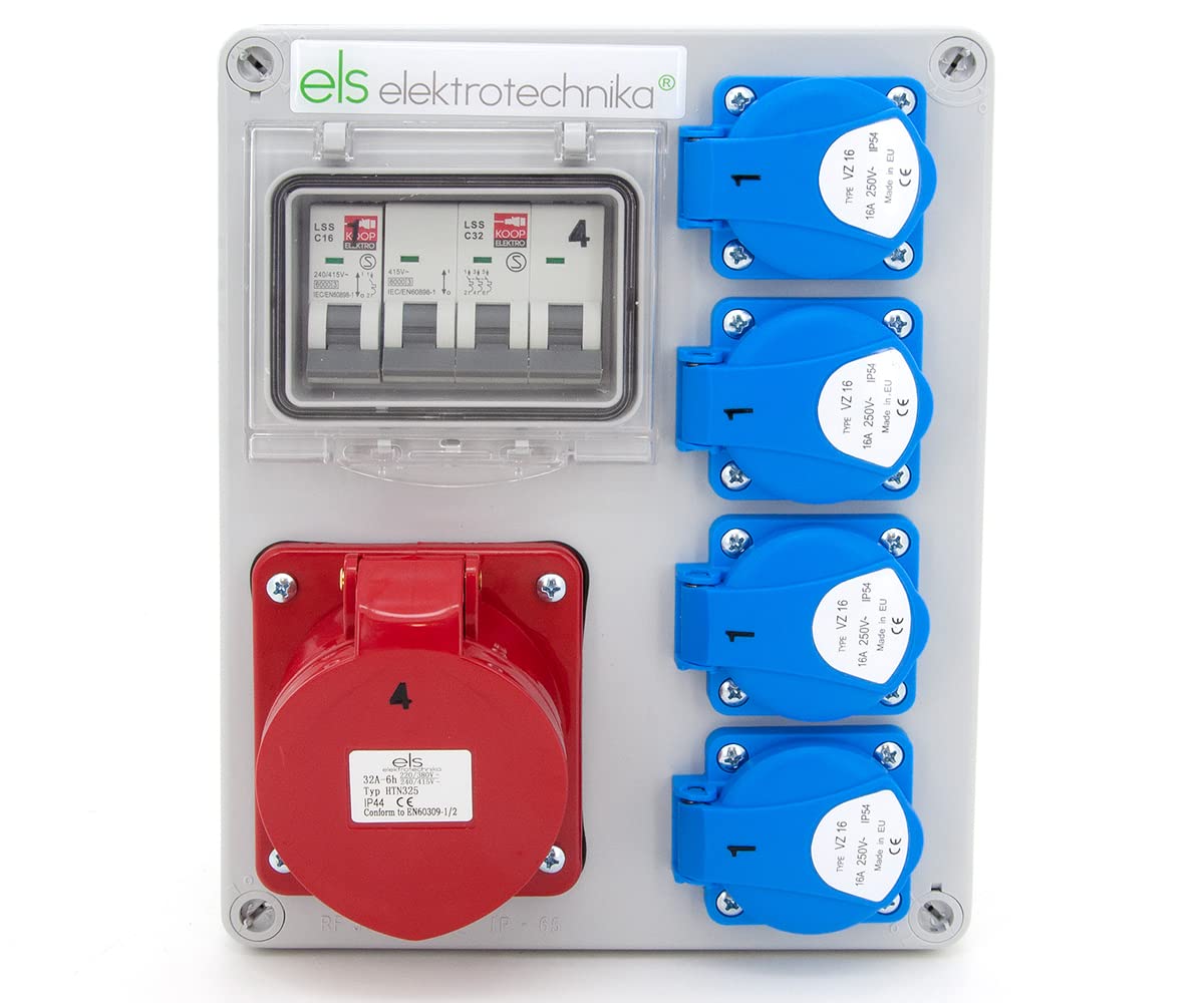ELS Elektrotechnika Distribuidor de corriente de construcción, distribuidor de pared, caja vacía, enchufe Schuko 4 x 230 V + LS C16 y 1 x CEE 32 A + LS C32 cableado, listo para conectar, taller,
