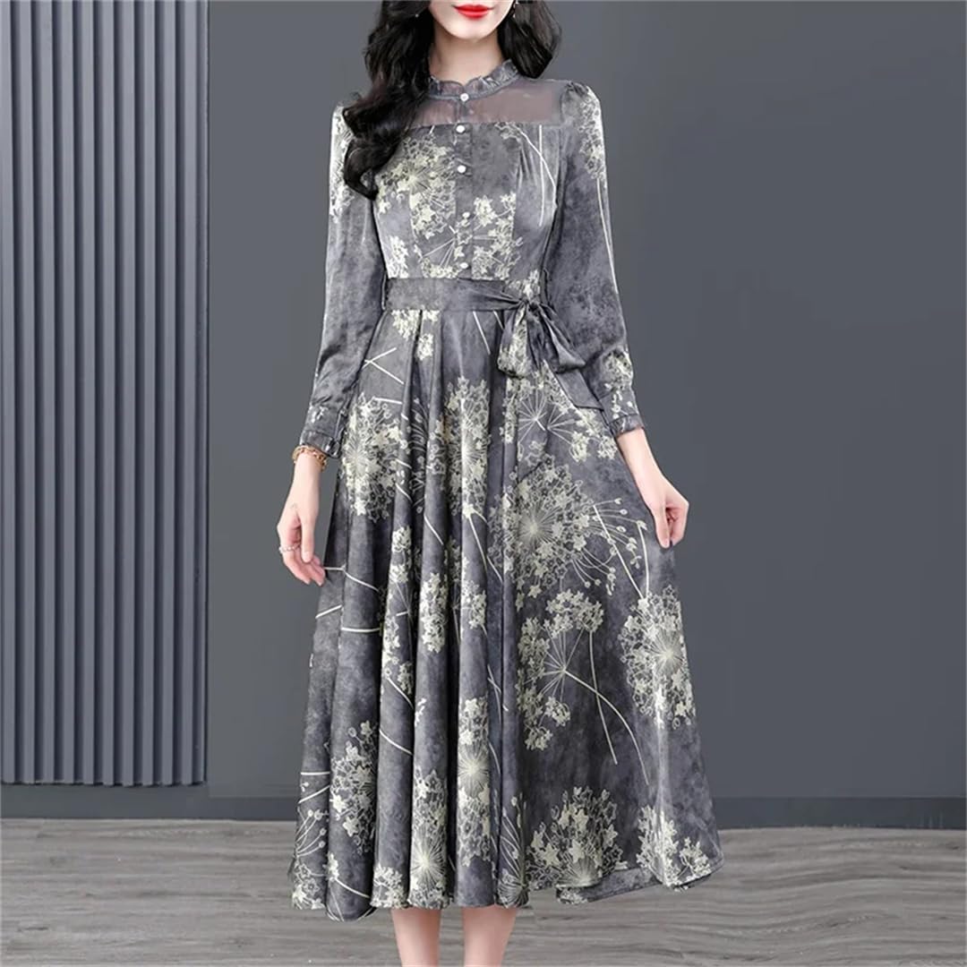 Vestido vintage de seda con estampado floral para mujer, manga larga, cuello alto falso, para fiesta, vestido midi, gris, S