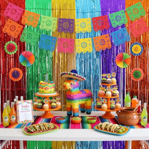 Image of TONIFUL 2Pcs Multicolor Metallic Tinsel Foil Fringe Curtain Door Streamer | 3.3ftx6.6ft Photo Booth Backdrop Tinsel Streamer Curtain, Props for Taco Cinco de Mayo Party Birthday Baby Shower Decorations
