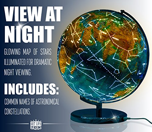 Interactive World Globe for Adults &#8211; Large 13 Inch Globe with Stand &#8211; Earth Globe with Illuminated Constellations Light Up at Night &#8211; Geographic Map for Kids &#8211; Educational Learning Gift &#8211; Compass to navigate it!