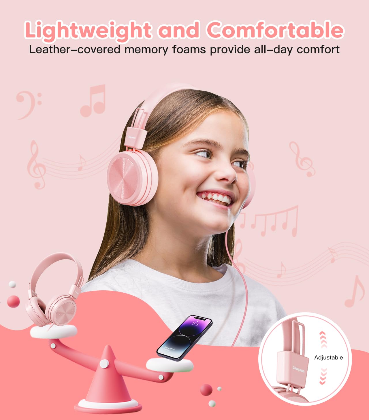 Cowyawn Cuffie per bambini, con limitatore di volume sicuro 94 dB, cuffie cablate per la scuola per bambini, design regolabile e flessibile, per ragazzi e ragazze