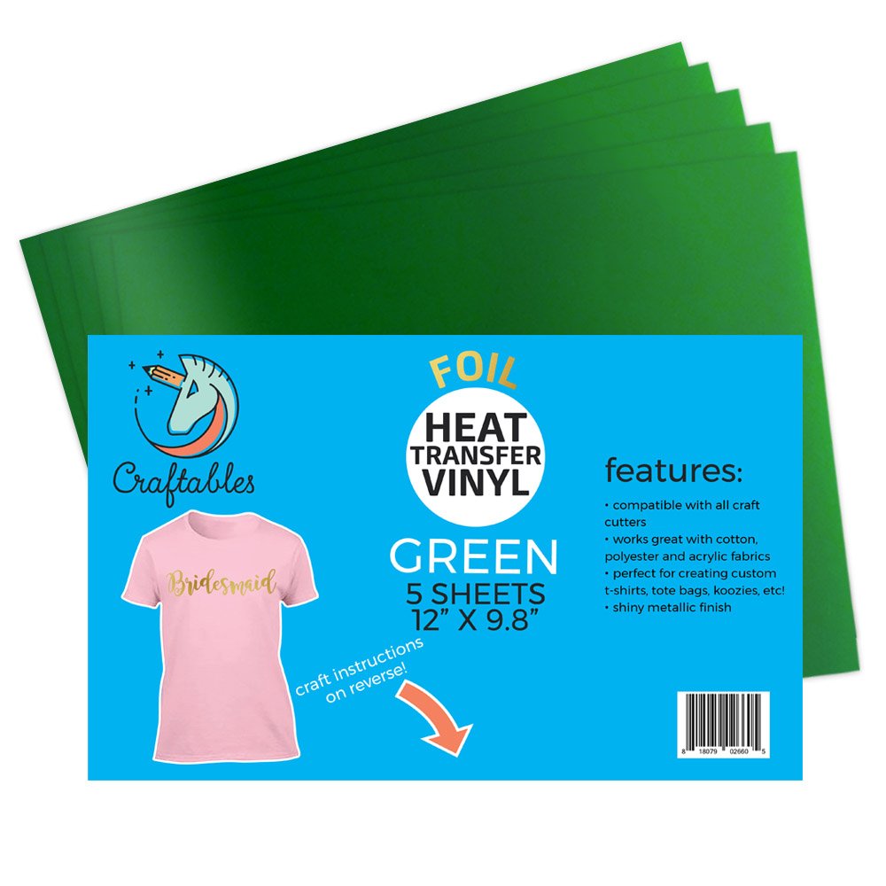 Craftables Green Foil Heat Transfer Vinyl for Craft Cutters - (5) Reflective 9.8" x 12" Sheets