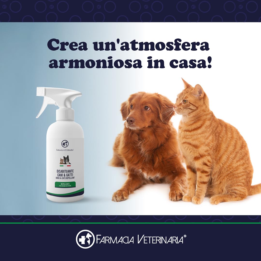 Farmacia Veterinaria - Disabituante Repellente per Gatti e Cani - Spray Anti Pipi Dissuasore Elimina Odori - Divano Mobili Tessuti Interno Esterno 500ml
