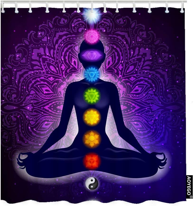 AOYEGO Meditating Woman in Lotus Pose Fabric Shower Curtain with Hooks Colorful 9 Chakras and Aura Glow Spiritual Bath Shower Curtain Polyester 72x72 Inch for Bathrooms Bathtubs Camping