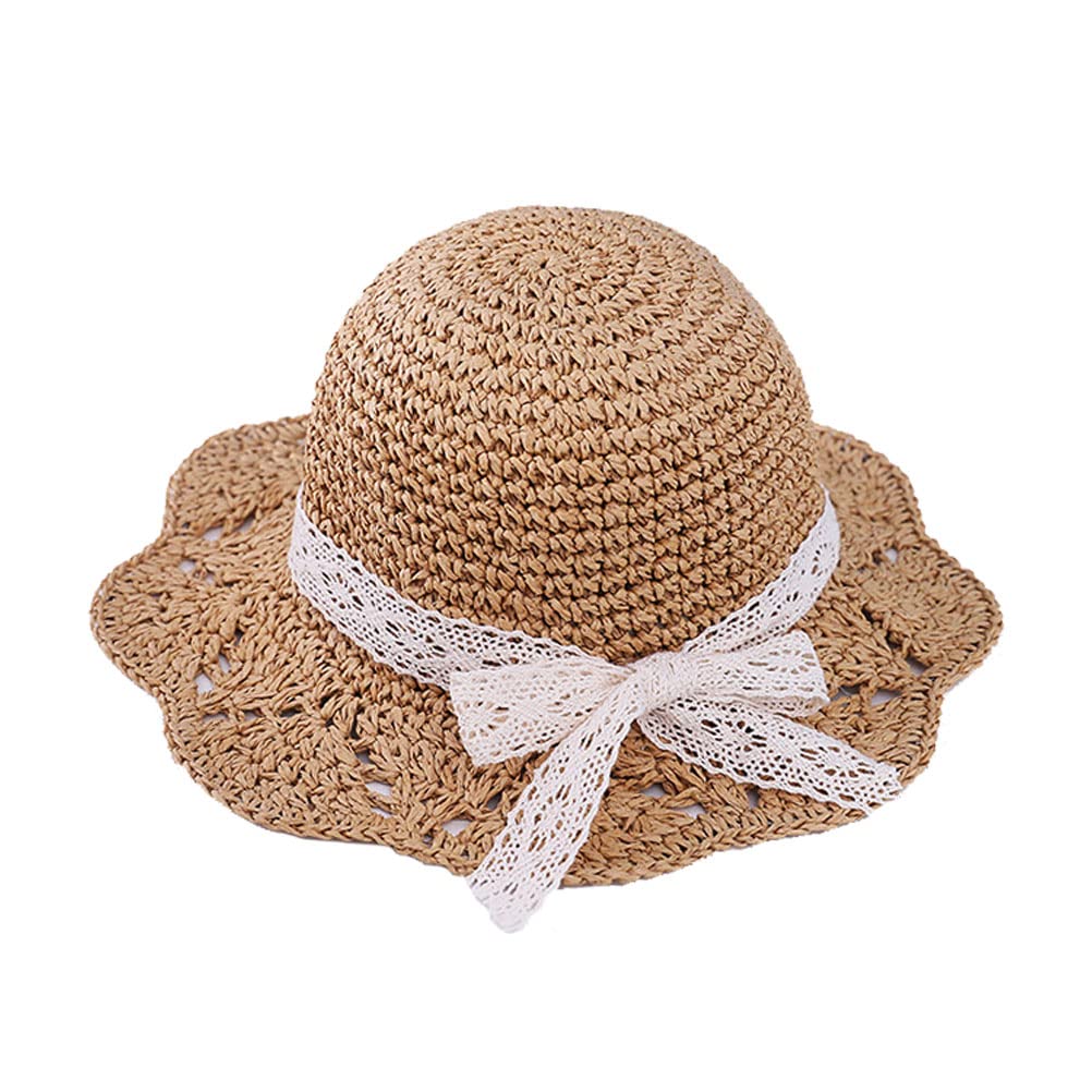Uniyoung Sombrero de paja de verano para bebés y niños pequeños de encaje con lazo de protección solar, sombrero de playa plegable de ala ancha, para vacaciones, viajes al aire libre, café, 6-24 meses