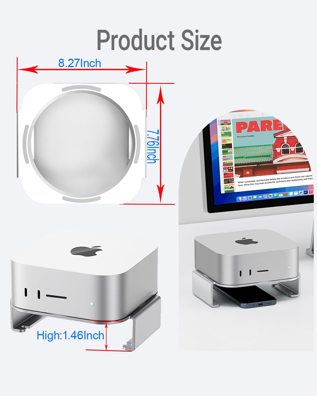 Supporto da scrivania in alluminio progettato solo per Mac Studio, flusso d'aria migliorato dissipa efficacemente il calore, organizzazione della scrivania