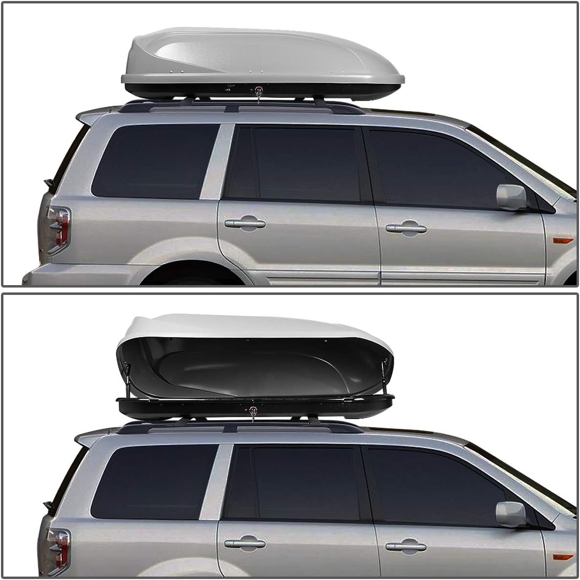 DNA Motoring Rooftop Cargo Box Carrier Compatible with 03-08 Honda Pilot, Lockable Waterproof Hard Shell Top Mount Carrier w/Lock+Keys + Pair Aluminum Roof Rail Cross Bars, Grey, PT-ZTL-8094-GY
