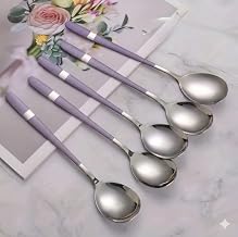 5pcs Stainless Steel Spoon Set, Anti-Rust, Long Handle, Thick and Comfortable, Heavy Kitchen Supplies, Suitable for Family Gatherings, Buffets and Restaurants (Lavender Purple)