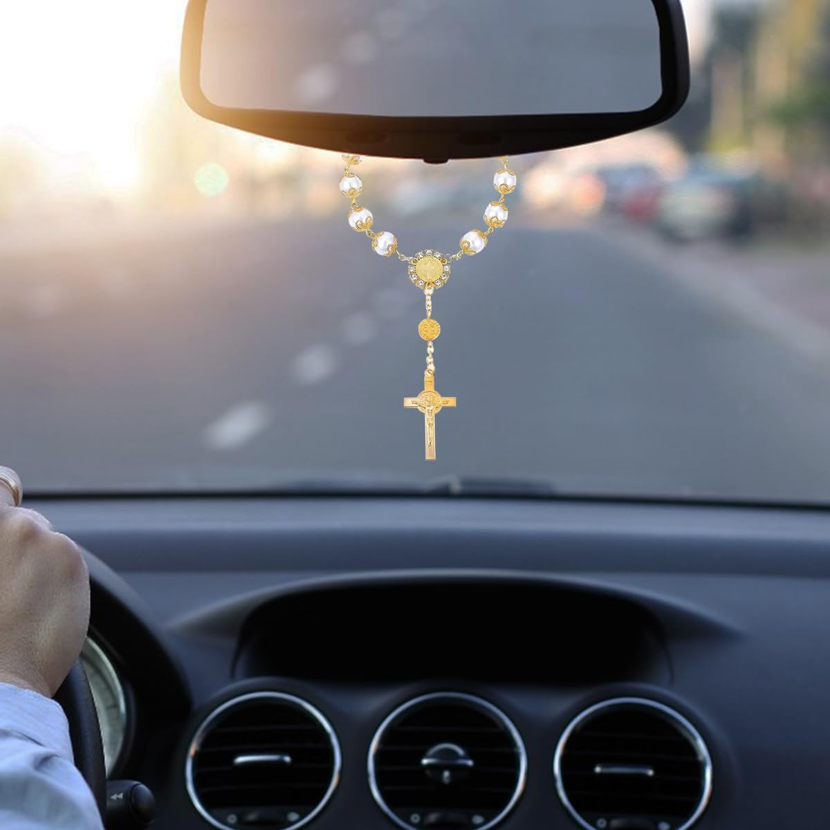 2PCS Car Rosary for Rearview Mirror With Cross Blessing Pendant, Personalized Hanging Accessories Interior Decors for Women Men