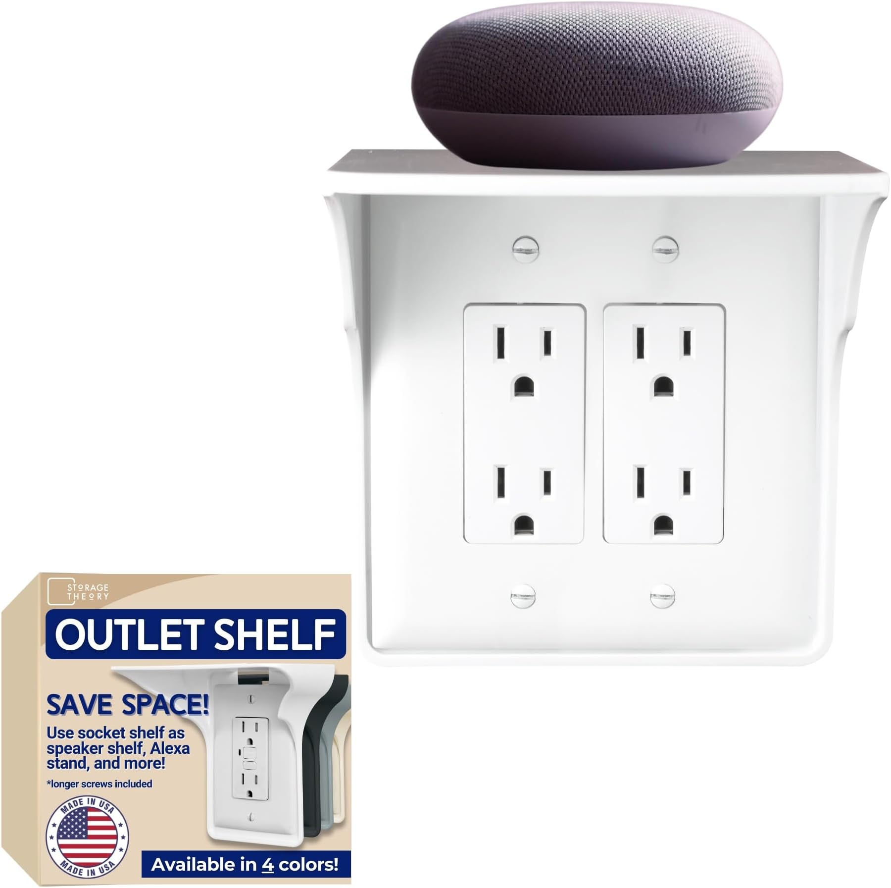 Power Perch Double Wall Outlet Shelf with Cord Storage Strap - Declutter & Reclaim Bathroom Counter Space - Alexa Stand, Apple Homepod Shelf, Toothbrush Holders Wall Mounted - White, 1-Pack