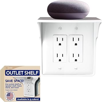 Power Perch Double Outlet Shelf Organizer - Echo Dot Holder, Phone Charging Station - Wall Outlet Holder with Cord Storage Strap - Socket Shelf Bathroom Kitchen Counter - White 1 Pack