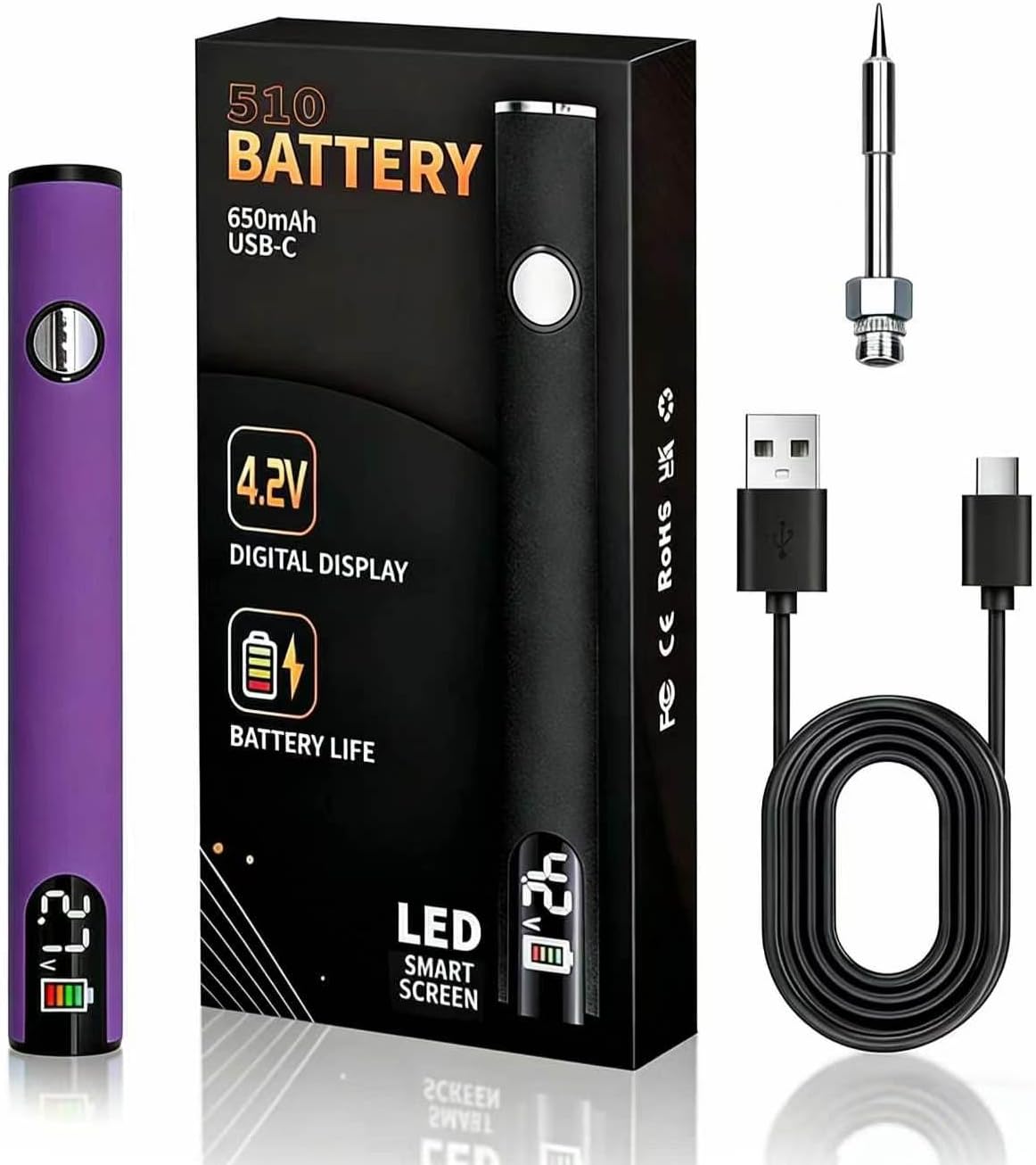 Portable Soldering Iron Cart Pen - USB-C Rechargeable with LED Screen, 510 Thread Universal Connector, 3-Temp Ceramic Heating, 650mAh for Electronics Repair, DIY, & Phone Fix (Purple, 1)