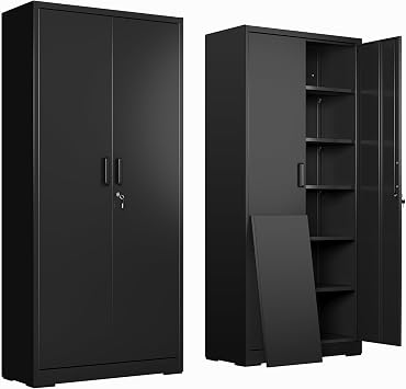 DEVAISE Metal Garage Storage Cabinet with 2 Doors and 5 Adjustable Shelves, 71 Black Lockable Steel File Cabinet for Garage, Home, Office, Shool, Gym