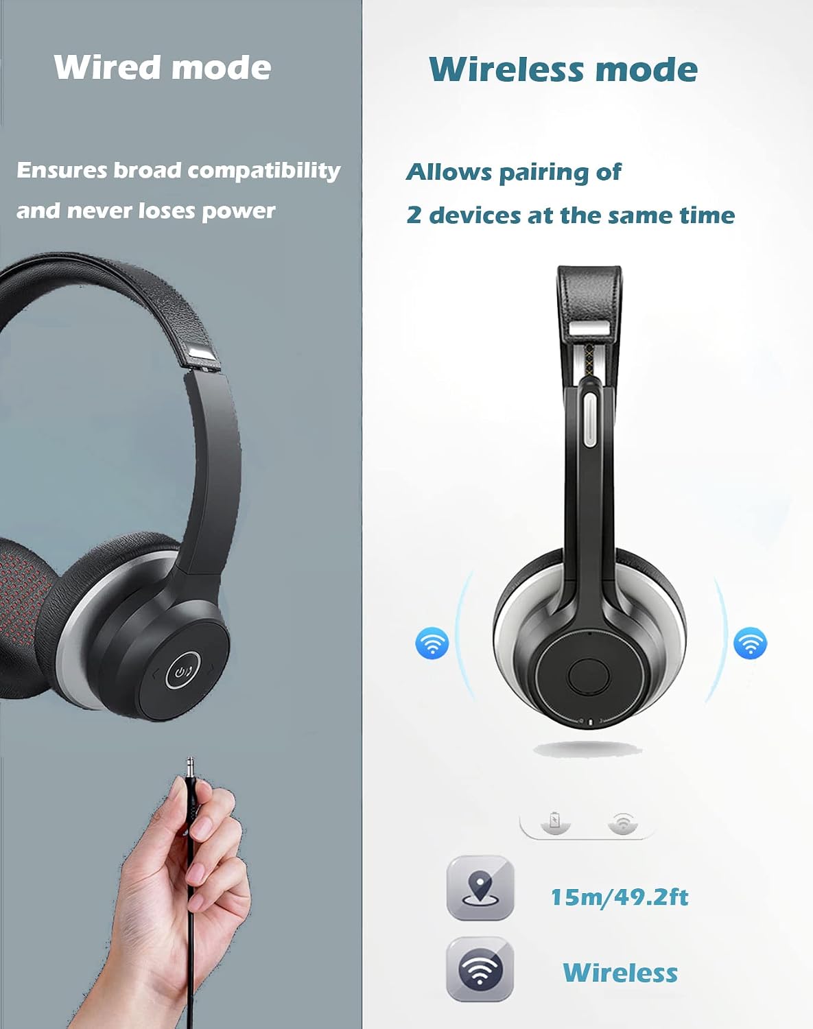 Wireless 5.0 Headset with Dual Microphones, PC Headset with CVC 8.0 Noise Cancellation, 22h Talk Time, with Optional Cable, Mute Control, Rotatable Soft Ear Cups，for Call Center, Office, Skype, Call
