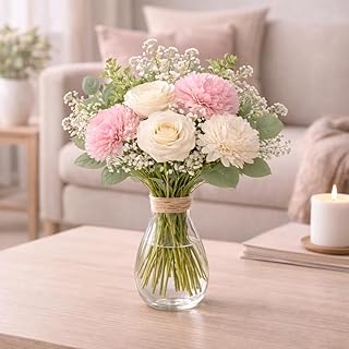 RR Crafts Premium Artificial Flower Bunch – Mum, Rose & Lotus with White Baby Breath | Realistic Fabric Petals | Artificia Price In India