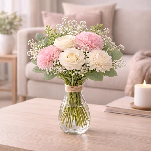 RR Crafts Premium Artificial Flower Bunch – Mum, Rose &amp; Lotus with White Baby Breath | Realistic Fabric Petals | Artificia...