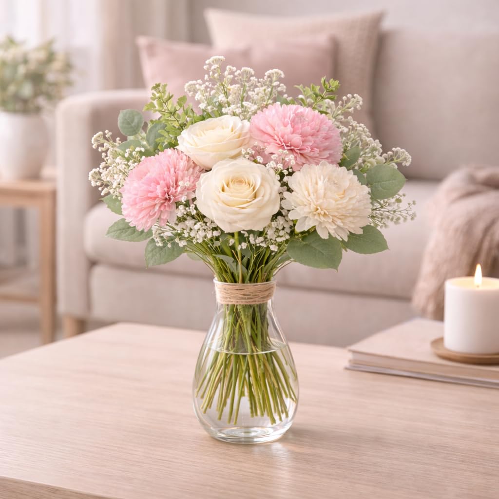 RR Crafts Premium Artificial Flower Bunch – Mum, Rose & Lotus with White Baby Breath | Realistic Fabric Petals | Artificia